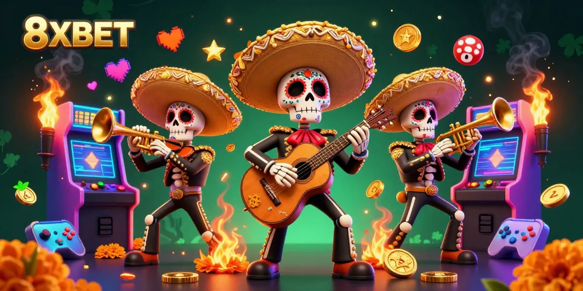 Engage with 8XBET as you experience vibrant casino excitement with a mariachi band and colorful game elements.