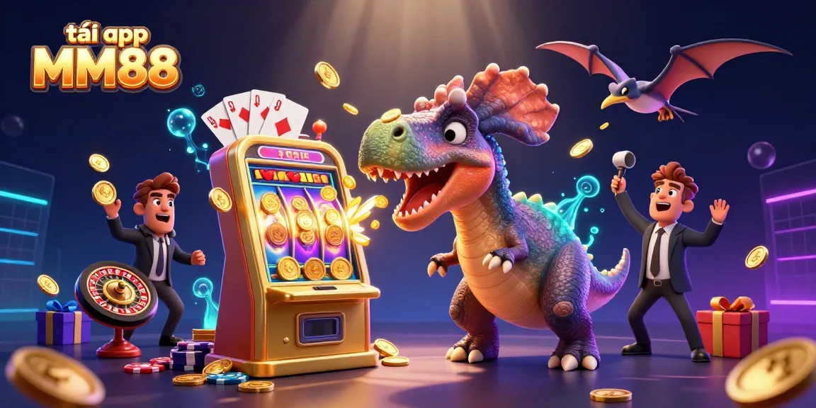 Tải app MM88 for online gaming excitement with dinosaurs and jackpots in an animated casino scene.