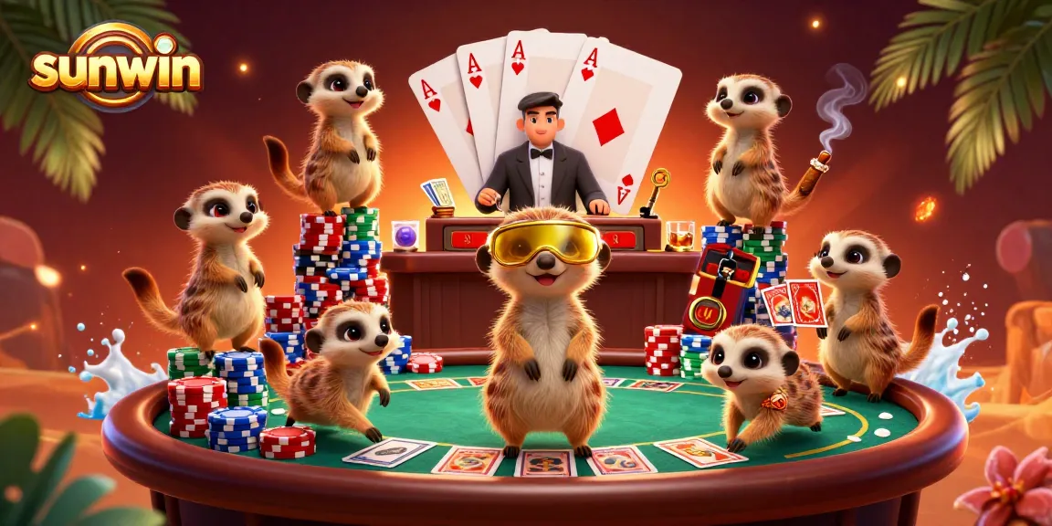 Experience thrilling action at Sunwin as meerkats manage a bustling casino with poker games and vibrant atmosphere.