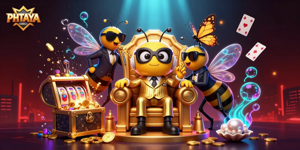 PHTAYA casino featuring a bee mob boss among colorful gaming elements and treasures