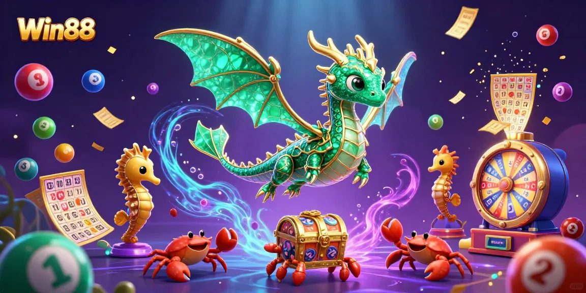 Win88 showcases an underwater treasure scene with a sea dragon and vibrant lottery elements.
