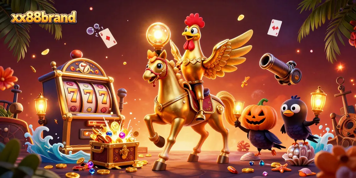 Experience thrilling gameplay at xx88brand with golden rooster and casino elements in a vivid 3D scene.