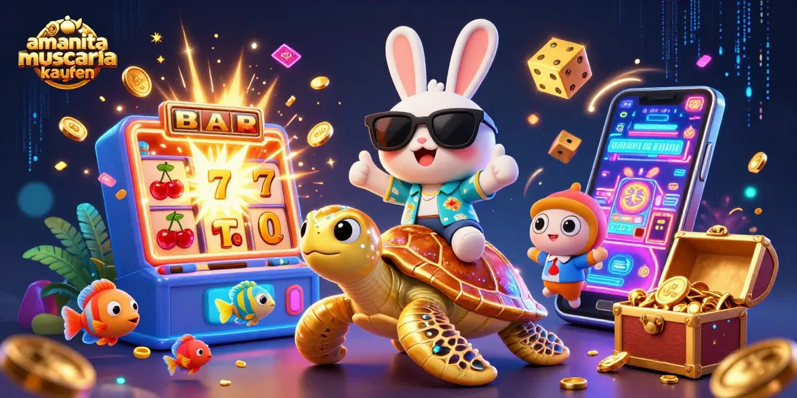 Amanita muscaria kaufen with a lucky rabbit and golden turtle in a vibrant casino scene