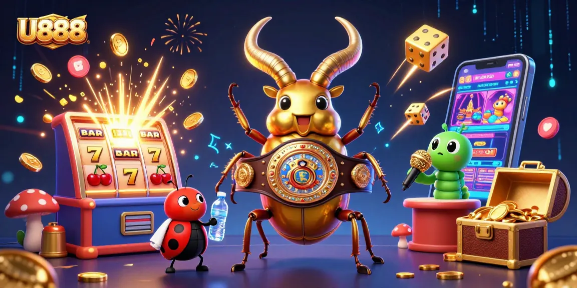Engage with U888's vibrant gaming scene featuring a golden stag beetle and dynamic casino elements.