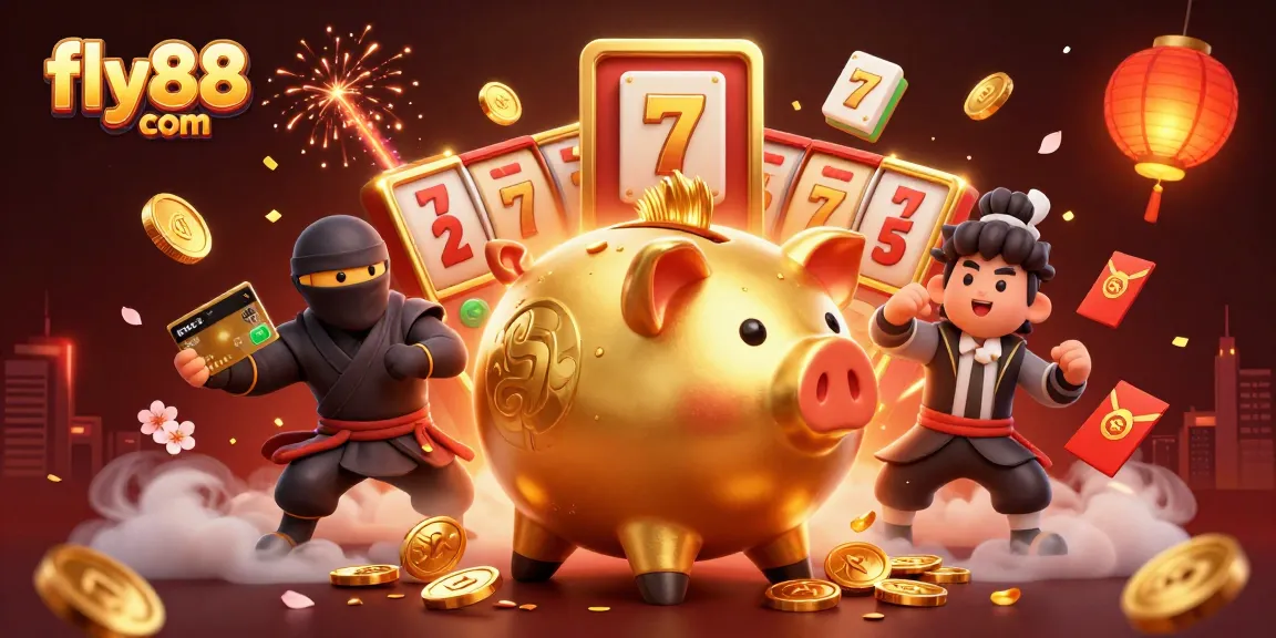 Spin to win at fly88 com, showcasing slot reels and lively gaming characters in vibrant 3D