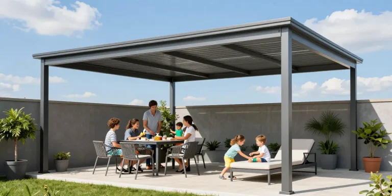 Terrassenüberdachung in einer modernen Familienumgebung mit stilvollen Möbeln und einem einladenden Ambiente.