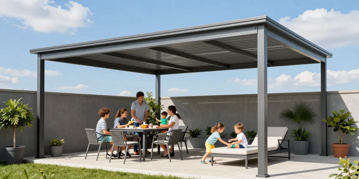 Terrassenüberdachung in einer modernen Familienumgebung mit stilvollen Möbeln und einem einladenden Ambiente.