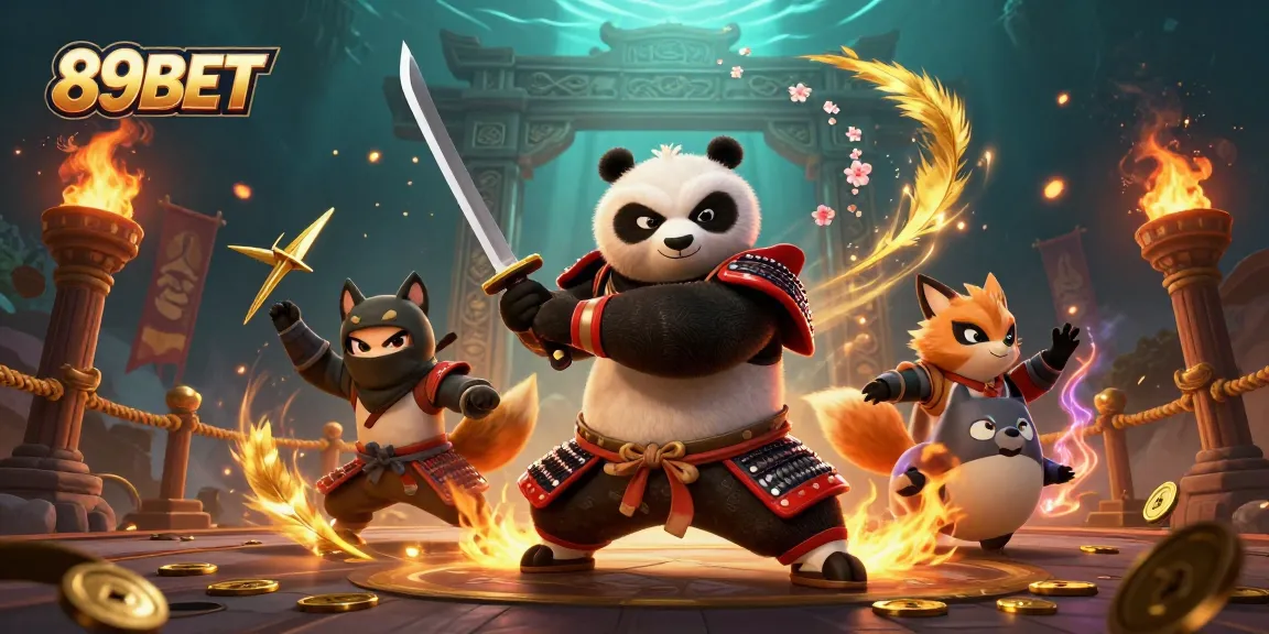 89BET samurai panda and ninja fox engage in an action-packed casino adventure.