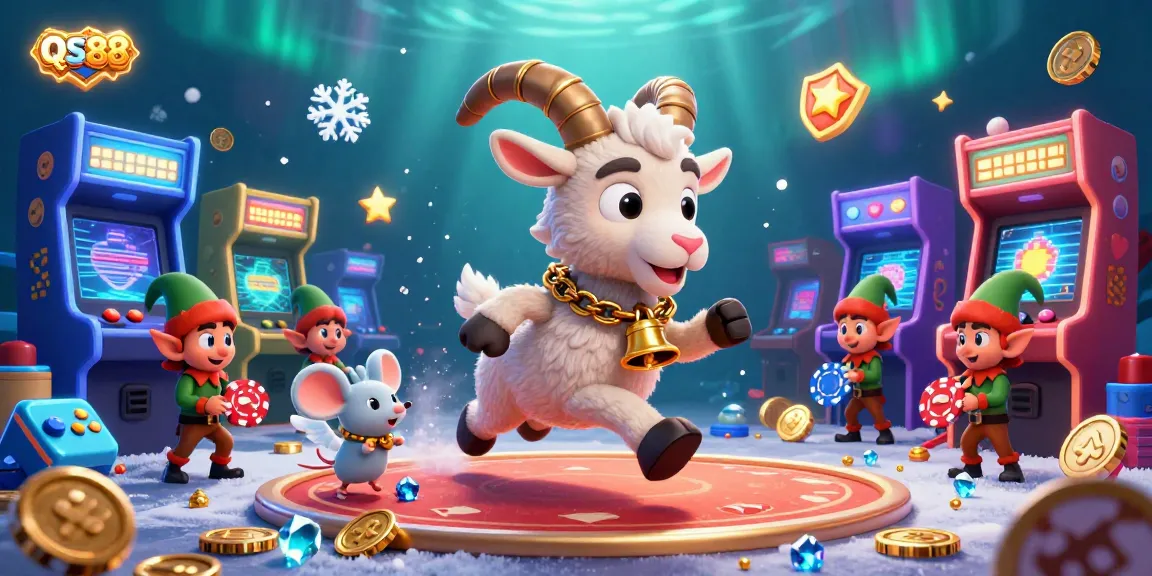 Experience the fun at QS88 casino with a festive Krampus, angel mouse, and playful elf gremlins stealing poker chips.