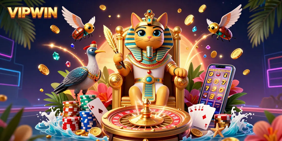 Experience exciting wins at VIPWIN with vibrant casino games surrounded by treasure.