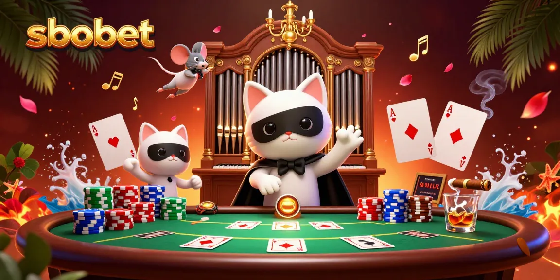 Engage with sbobet's thrilling gaming scene featuring a charming cat at a casino organ amidst vibrant poker elements.
