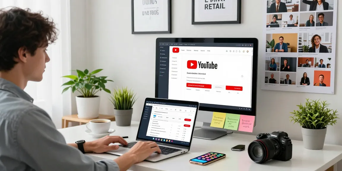 YouTube Abonnenten kaufen: Professioneller Arbeitsplatz mit Laptop und YouTube-Analytik zur Optimierung von Abonnenten.