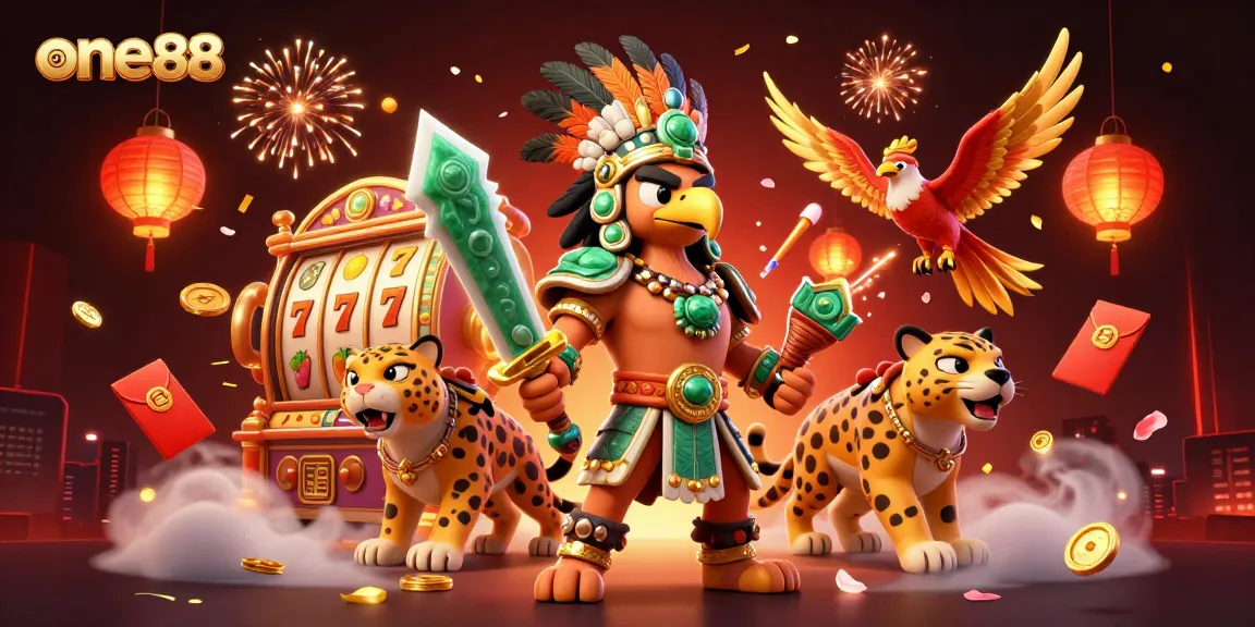 Experience the excitement of one88 with a dynamic scene of Aztec warriors and casino elements.