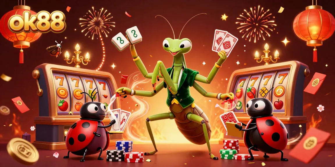 Experience excitement with ok88 as the giant mantis deals cards among vibrant slot reels in a lively casino scene.