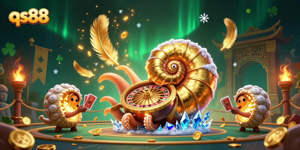 Experience exciting wins with qs88, a premier online casino showcasing a giant nautilus and glowing ammonites in a vibrant gaming scene.