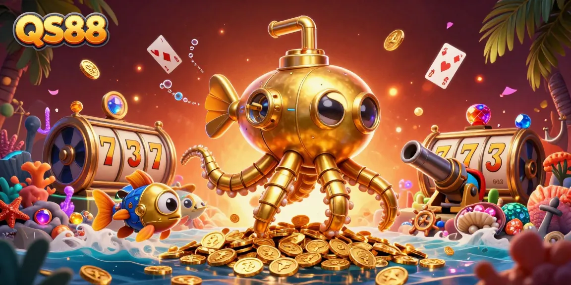 Experience thrilling gameplay at QS88 with a vibrant 3D illustration featuring golden kraken submarine amidst riches.