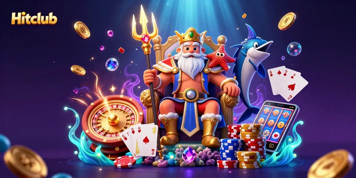Hitclub offers a vibrant gaming experience with Neptune and treasure amid sparkling casino elements.