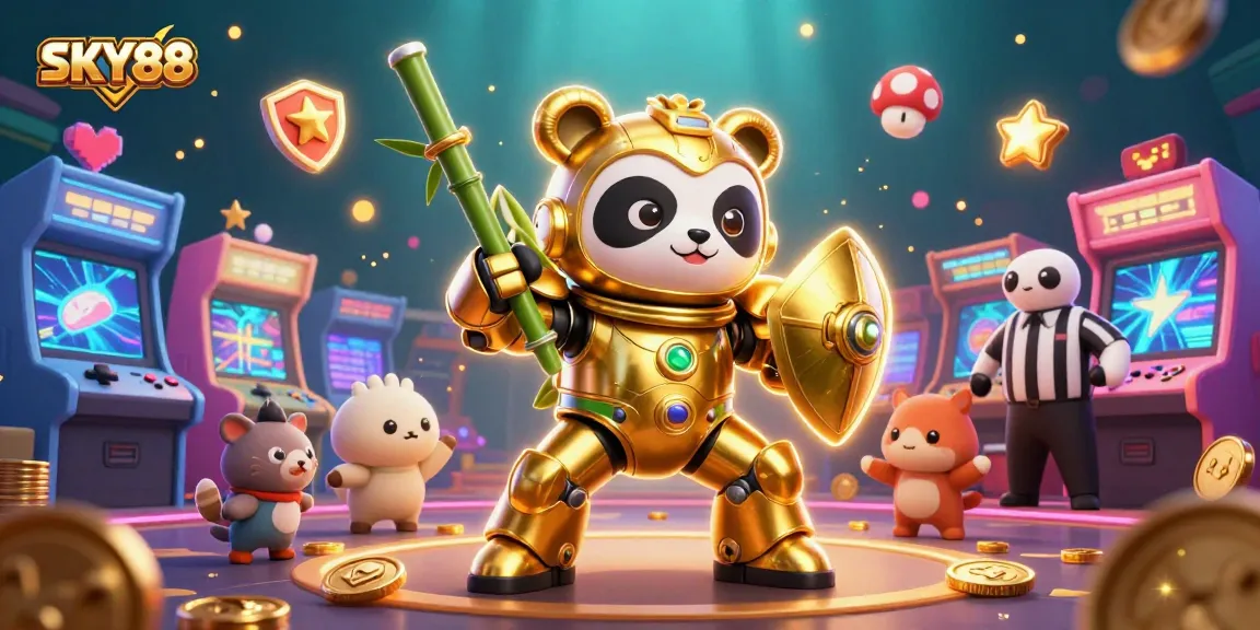 Engage in thrilling gameplay with SKY88 showcasing a vibrant scene of a panda piloting a robot amidst arcade elements.