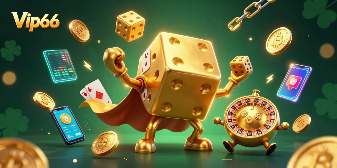 Experience thrilling gameplay at Vip66 Casino with dynamic golden dice, crypto coins, and vibrant gaming elements.