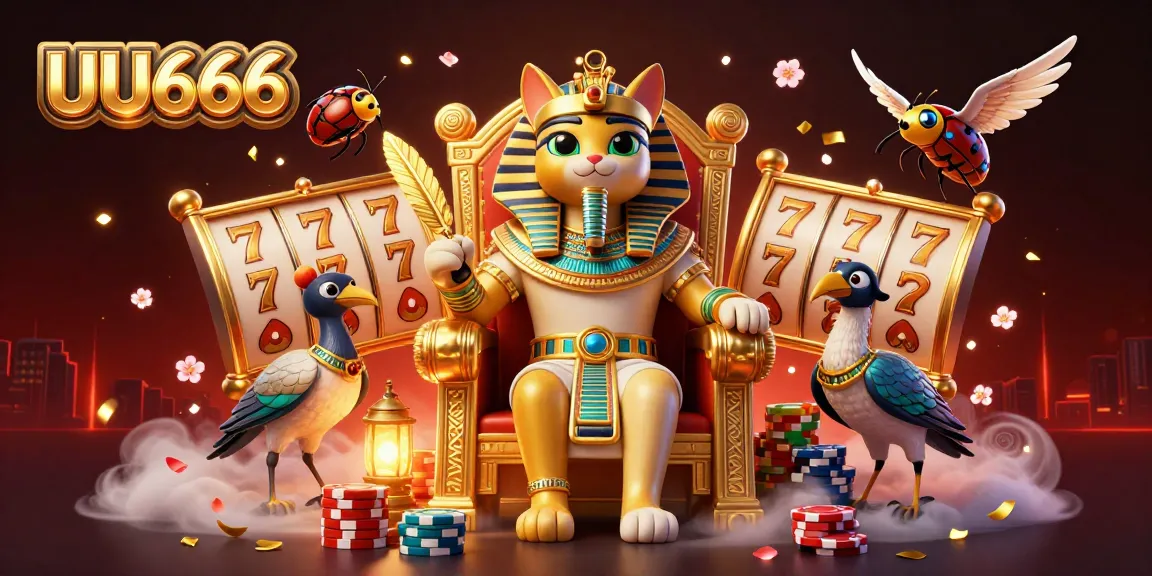 Experience thrilling slots at UU666 with a dynamic scene featuring a pharaoh cat and gaming elements.
