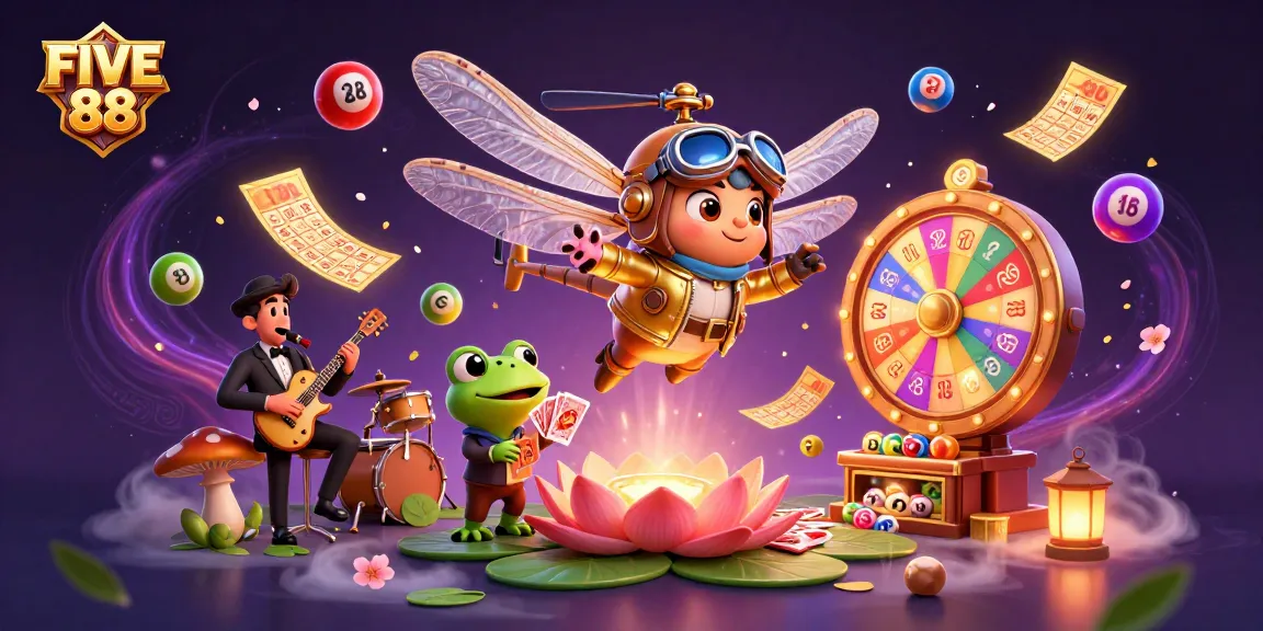 Engage with FIVE 88's whimsical casino scene featuring lively characters and vibrant game elements.