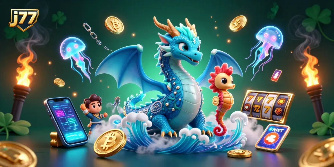 Experience thrilling gameplay with j77's majestic dragon and seahorse knight in an engaging casino-themed illustration.