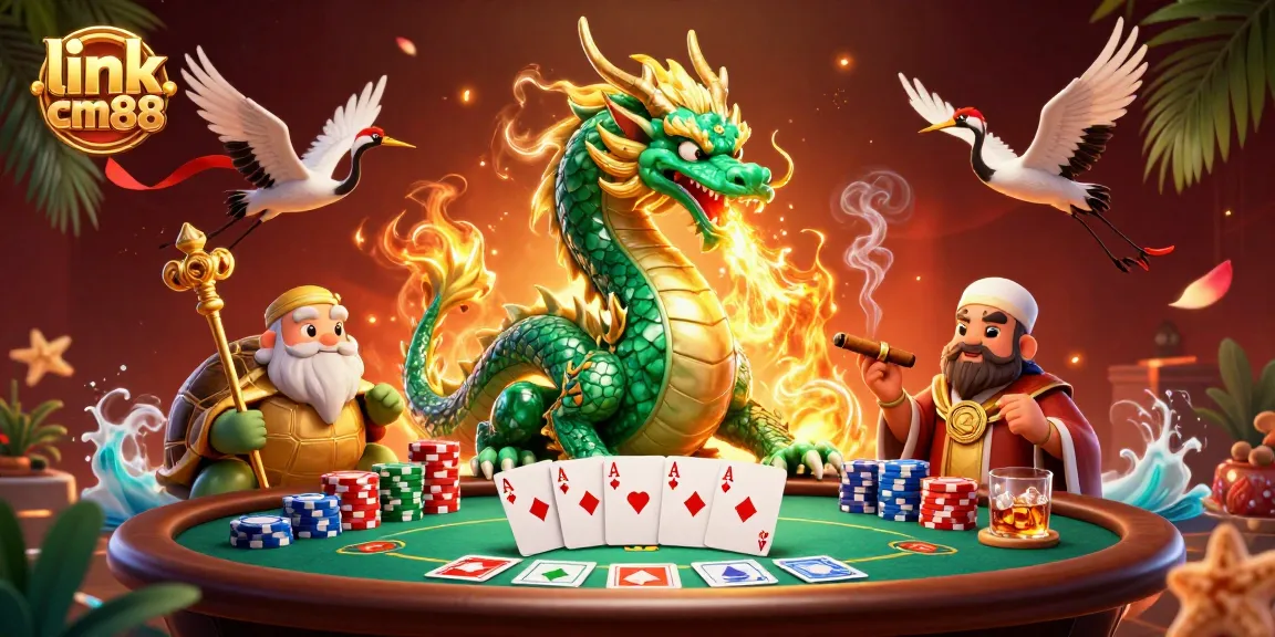 Experience excitement with link cm88 at this vibrant casino scene featuring a jade dragon and poker elements.