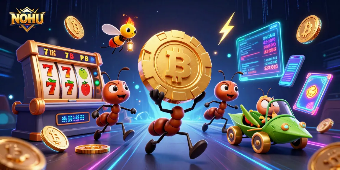 NOHU slot game illustration with ants in a heist, showcasing jackpot excitement and dazzling cryptocurrency elements.