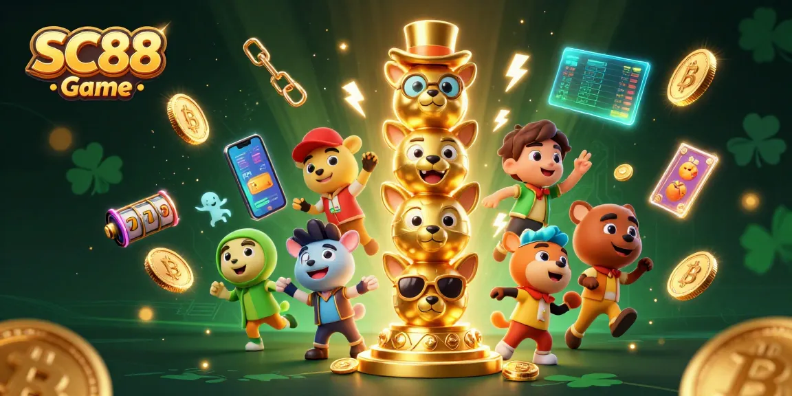 Play the SC88 Game with vibrant 3D elements and glowing crypto coins in this casino illustration.