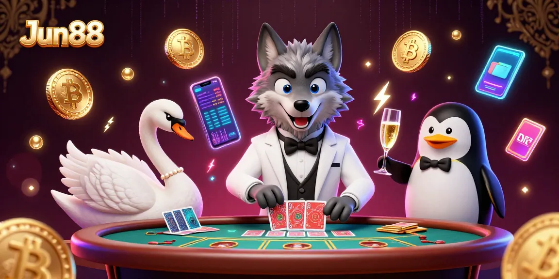 Experience thrilling gameplay at Jun88 with casino characters amidst vibrant crypto elements.