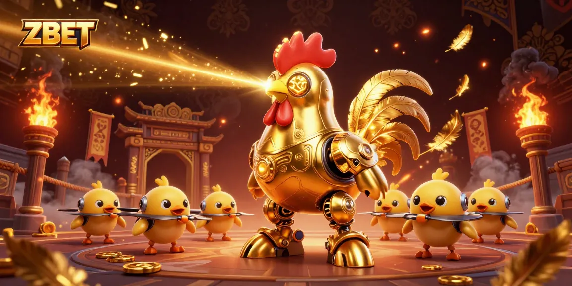 ZBET players engaging in thrilling casino adventures with a golden rooster robot and drones.