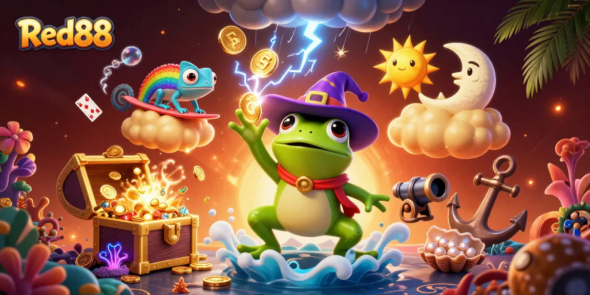 Join the excitement at Red88 with thrilling golden coin storms and cheerful chameleon characters.