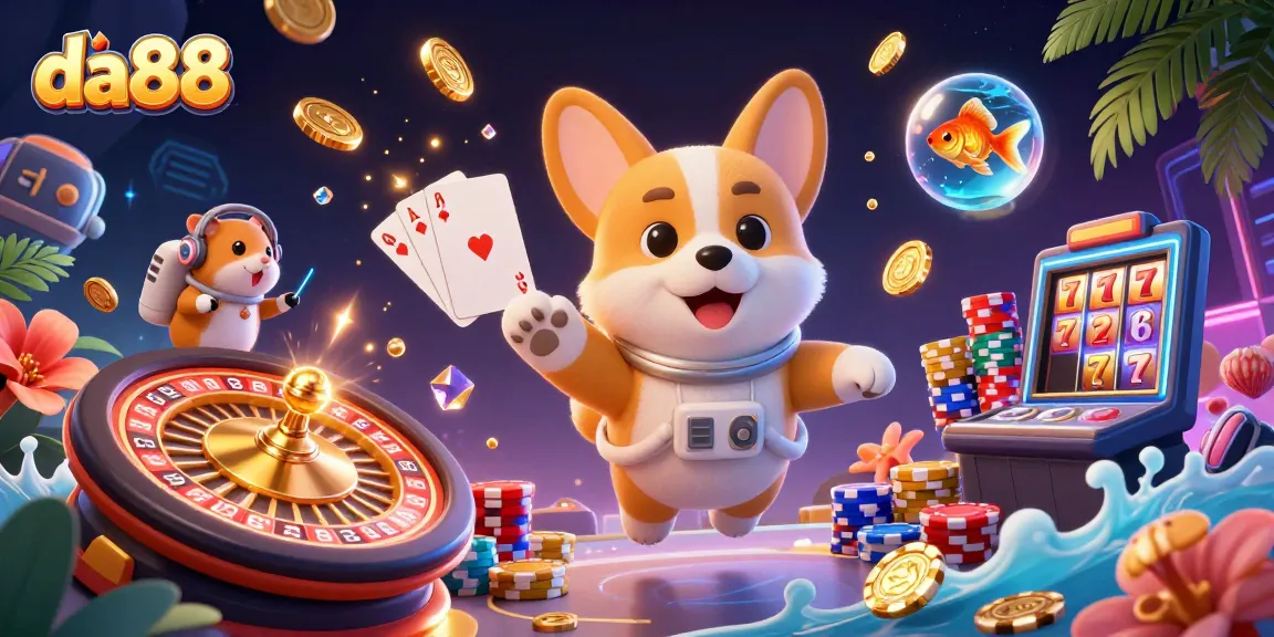 Experience the excitement of da88 with a lively casino scene featuring 3D characters and vibrant game elements.