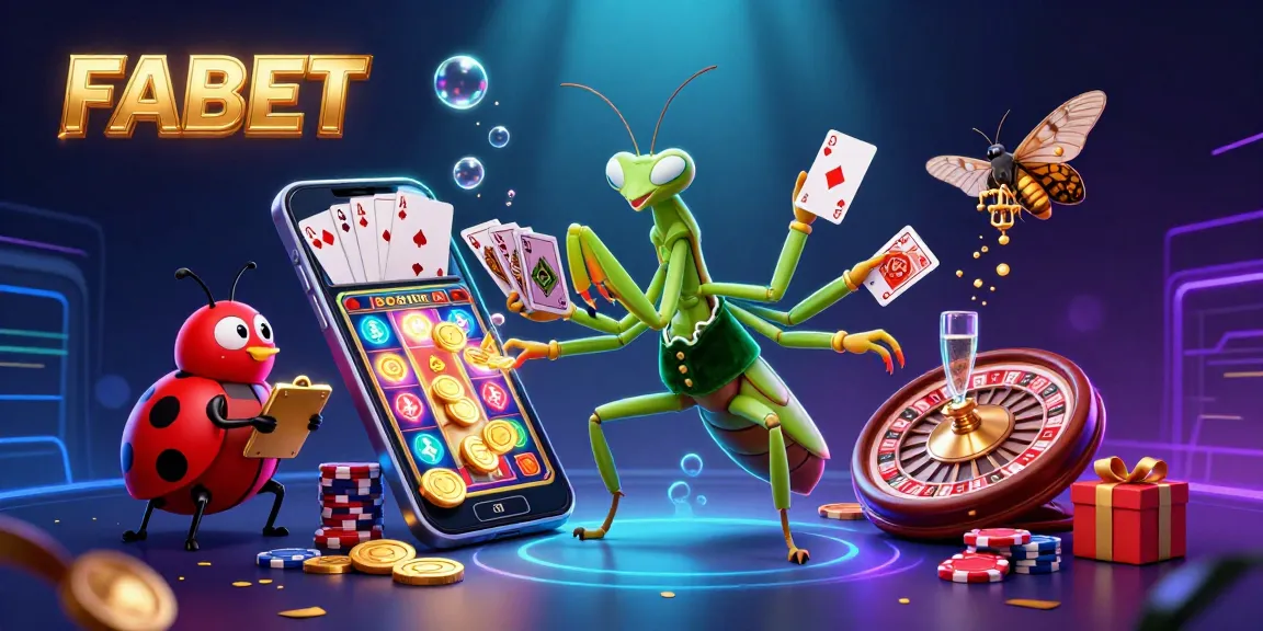 FABET showcases a vibrant 3D scene with a giant mantis card sharp and lively casino elements.