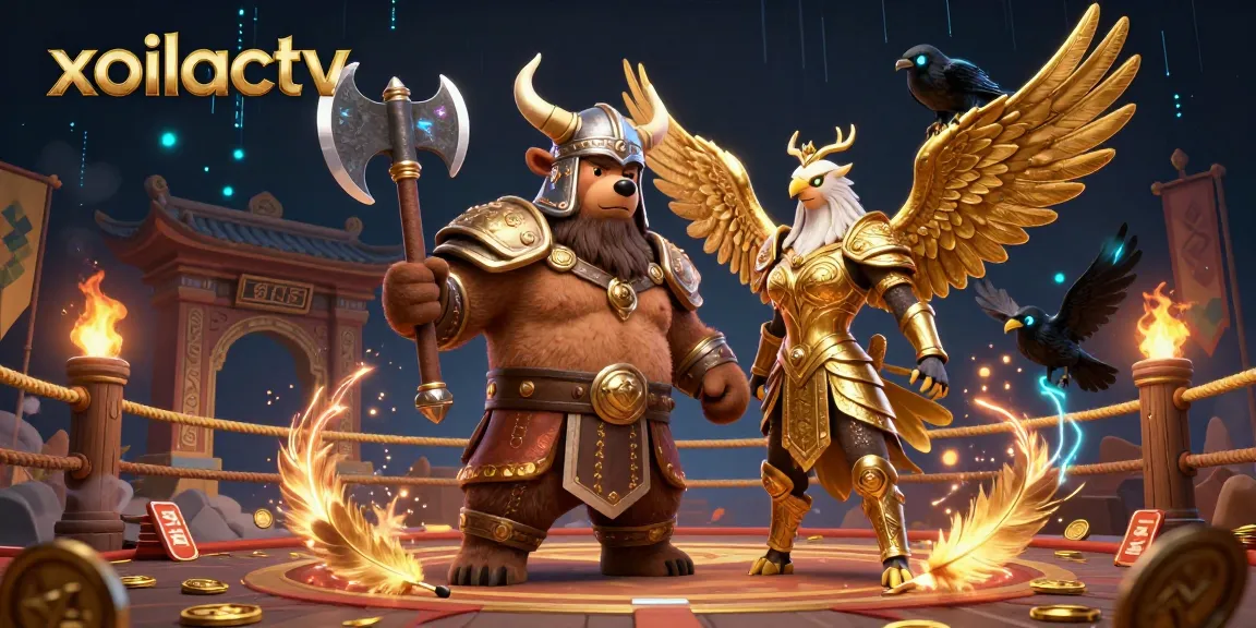 Xoilactv elevates the betting experience with a vibrant 3D casino illustration featuring a Viking bear and Valkyrie eagle.