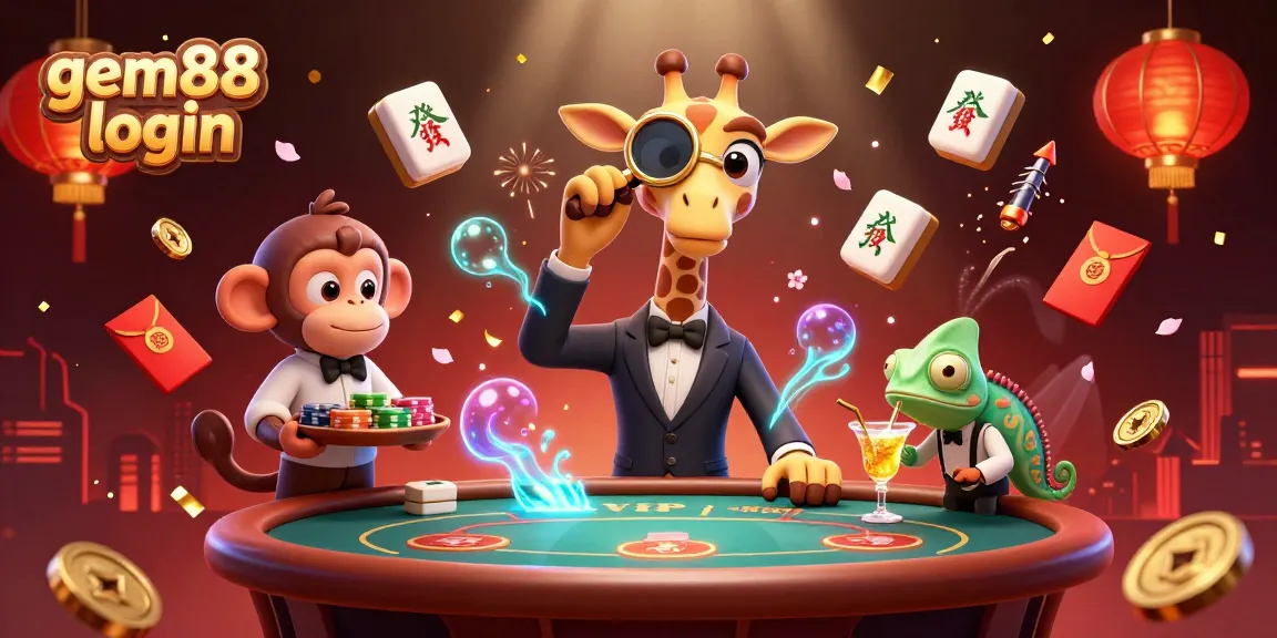Experience the excitement of gem88 login with a vibrant 3D casino scene featuring a giraffe, monkey, and chameleon!