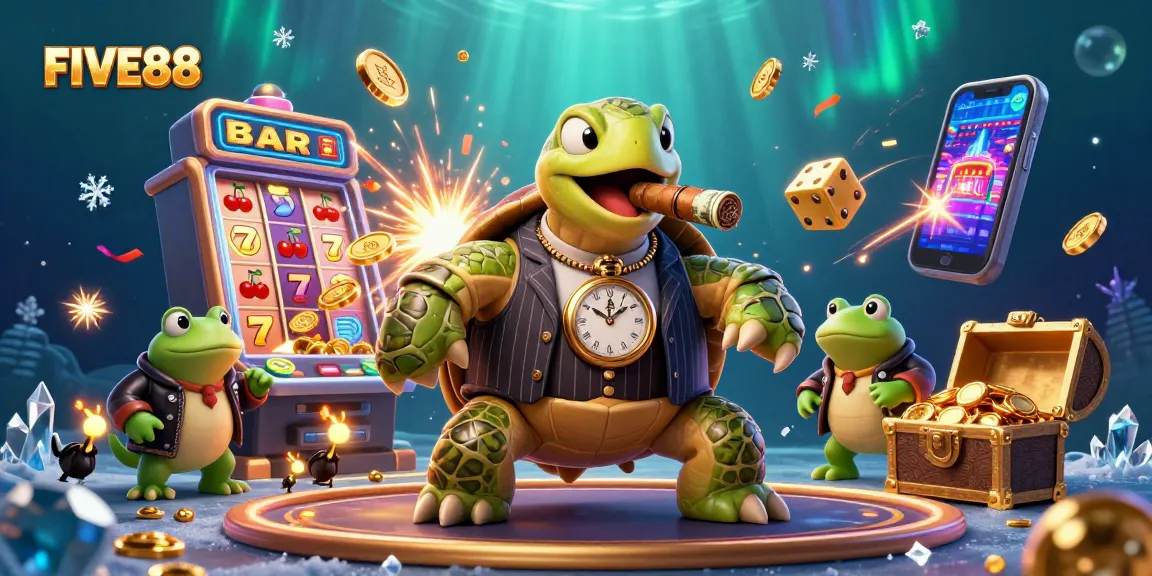 FIVE88 immersive jackpot experience with a turtle mobster and enforcers in a vibrant casino setting