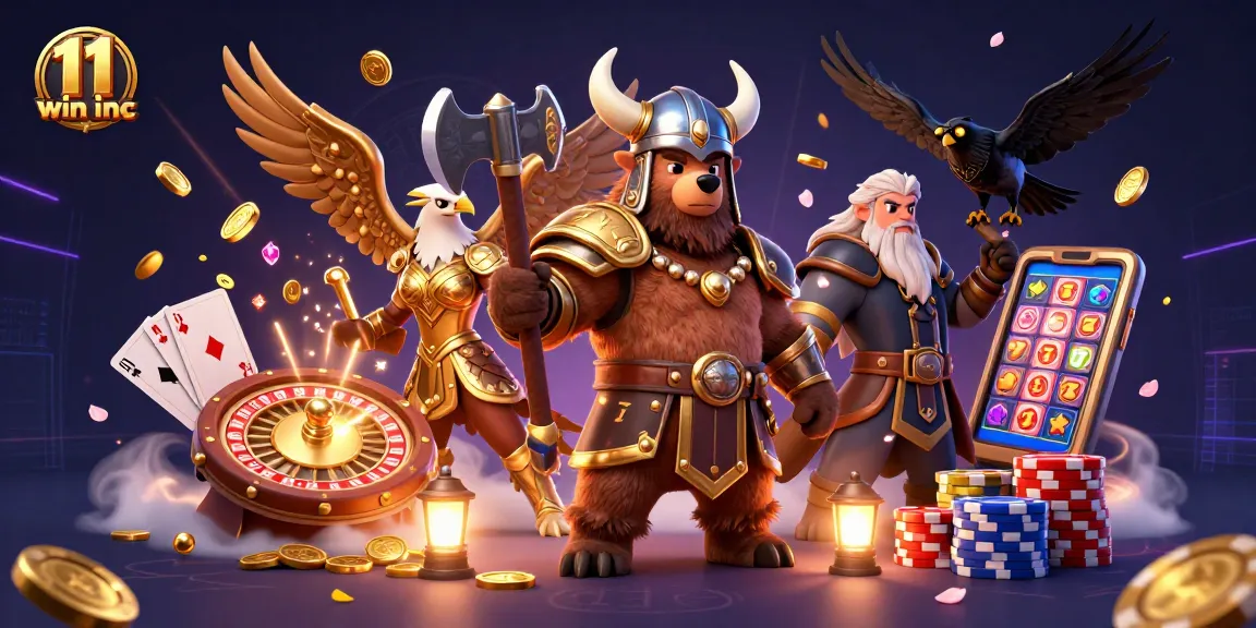 Engage with 11 win inc as Viking characters and golden casino elements create a vibrant gambling scene