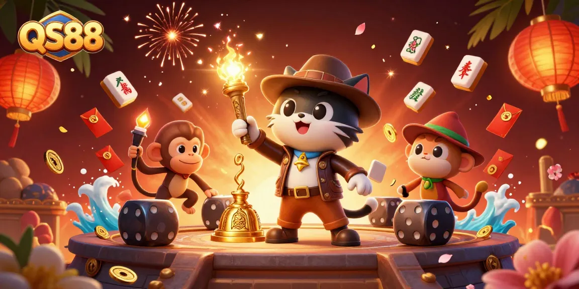 Explore the thrilling QS88 casino with an archaeologist cat and monkey amidst golden treasures.