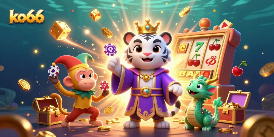 Experience thrilling jackpots with KO66's vibrant casino scene, featuring a regal tiger and playful monkey.