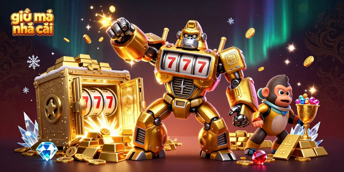 Engage with giải mã nhà cái as the golden gorilla mech reveals treasures in a dazzling casino scene.