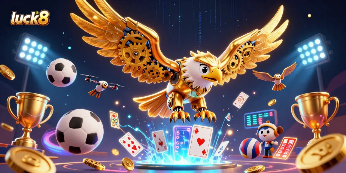 Engage with luck8's thrilling gaming scene featuring a golden eagle amidst dynamic sports elements.