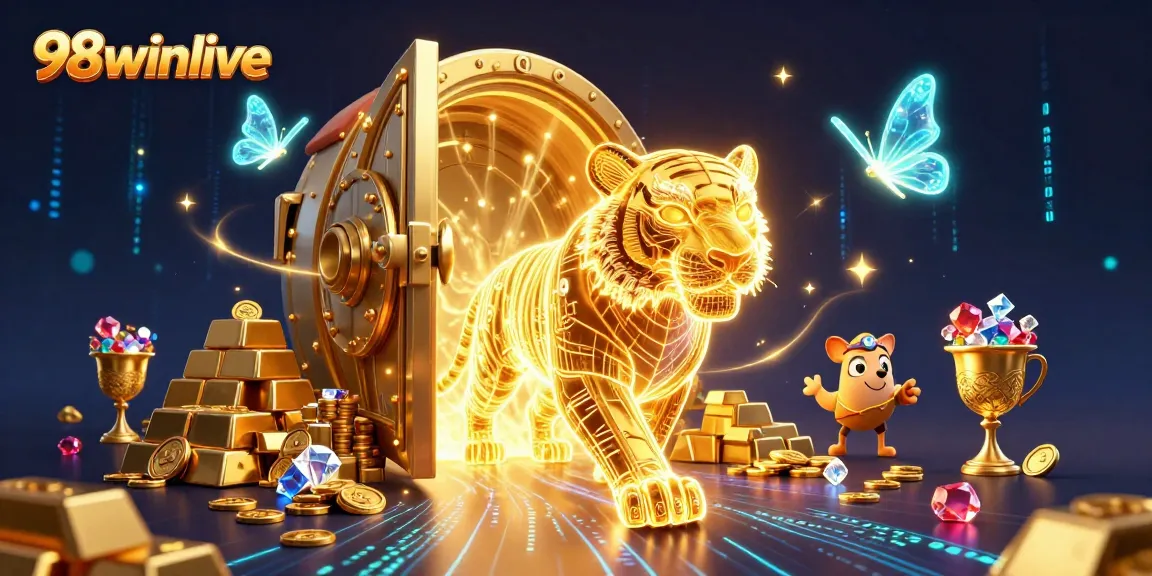 Engage in thrilling action at 98winlive with the neon tiger and treasure in a dynamic casino scene.