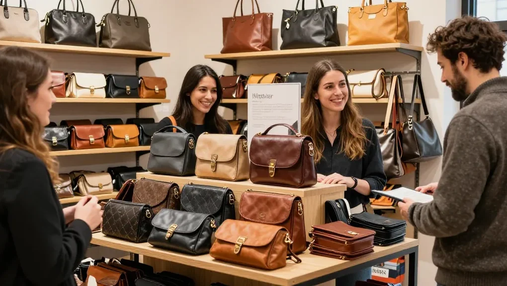 Vielfältige Herrenhandtaschen im lokalen Geschäft, vertrauenswürdiger Anbieter in der Nachbarschaft.