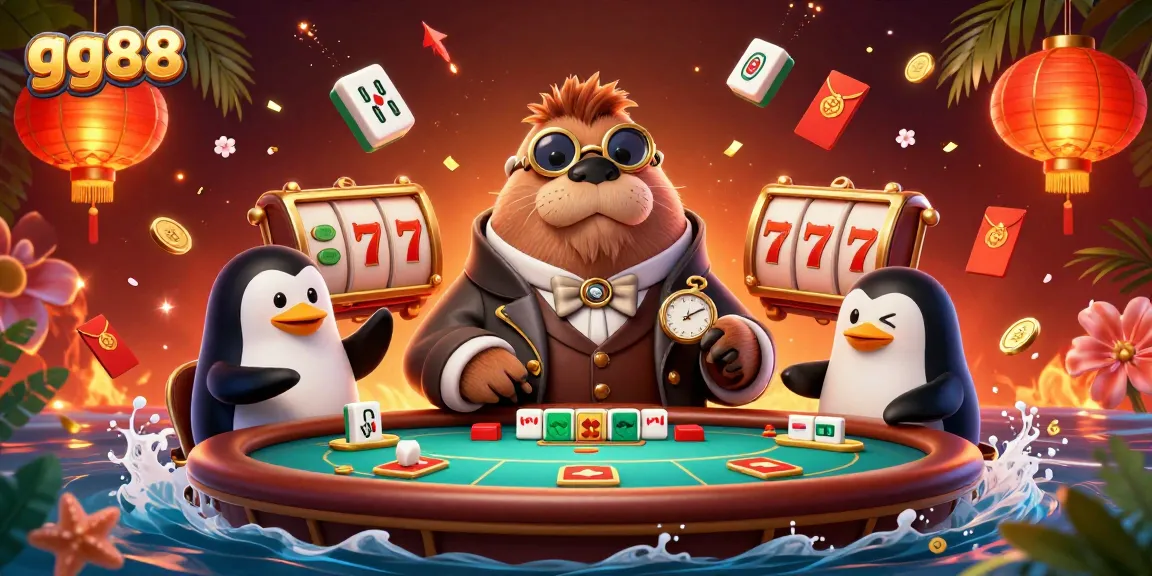 Win big with gg88 in this vibrant underwater casino scene featuring an energetic walrus.