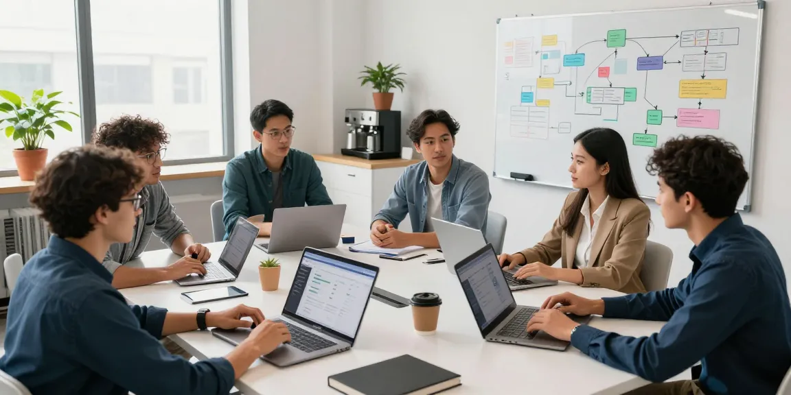 Team collaborating to build internal tools with AI in a modern tech office.