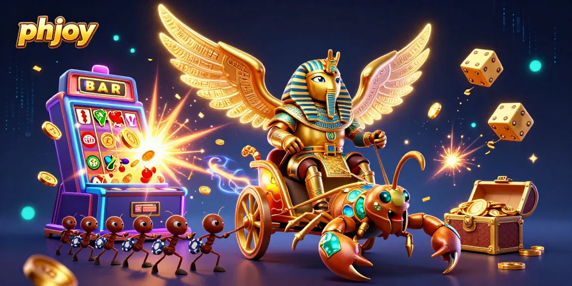 Experience phjoy with exciting slot machines and game characters in this lively 3D illustration.