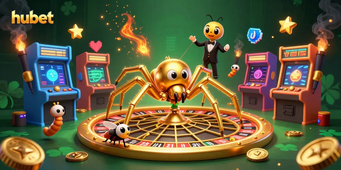 Experience thrilling bets at hubet where a golden spider spins a roulette wheel in a vibrant casino world.