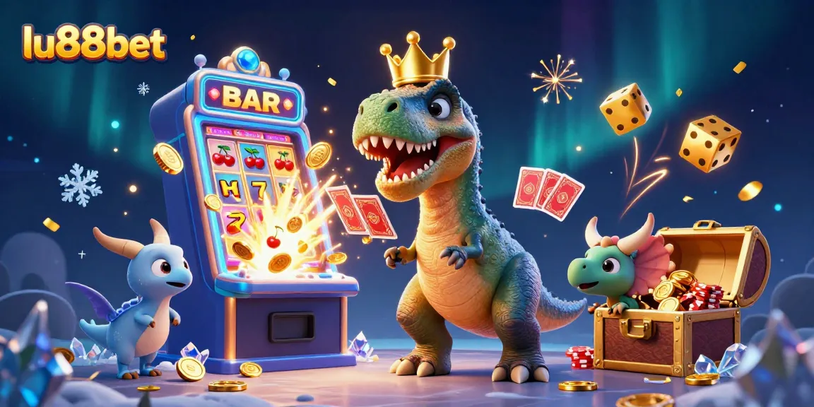 Experience vibrant gaming action with lu88bet as T-Rex attempts to shuffle cards amidst stunning casino visuals.