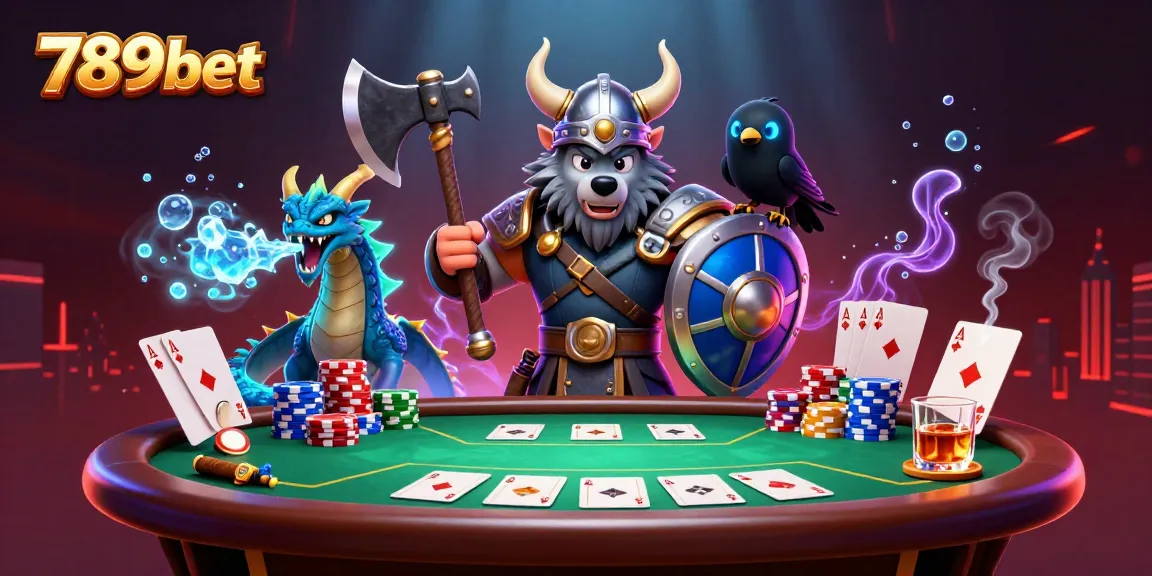 Engage in thrilling poker games at 789bet with a Viking wolf warrior, dragon, and raven in a dynamic casino scene.